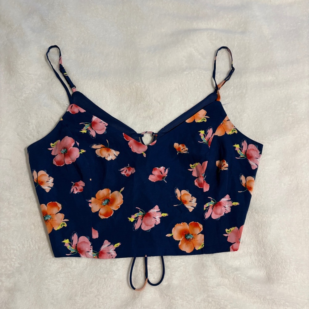 Lulus Floral Lace Up Back Crop Top Navy Blue Pink Orange XL Camisole V-Neck